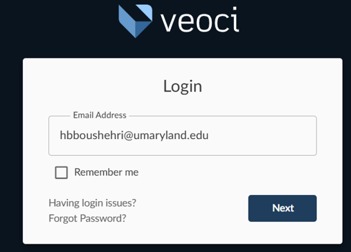 Screenshot of initial login screen requesting email address