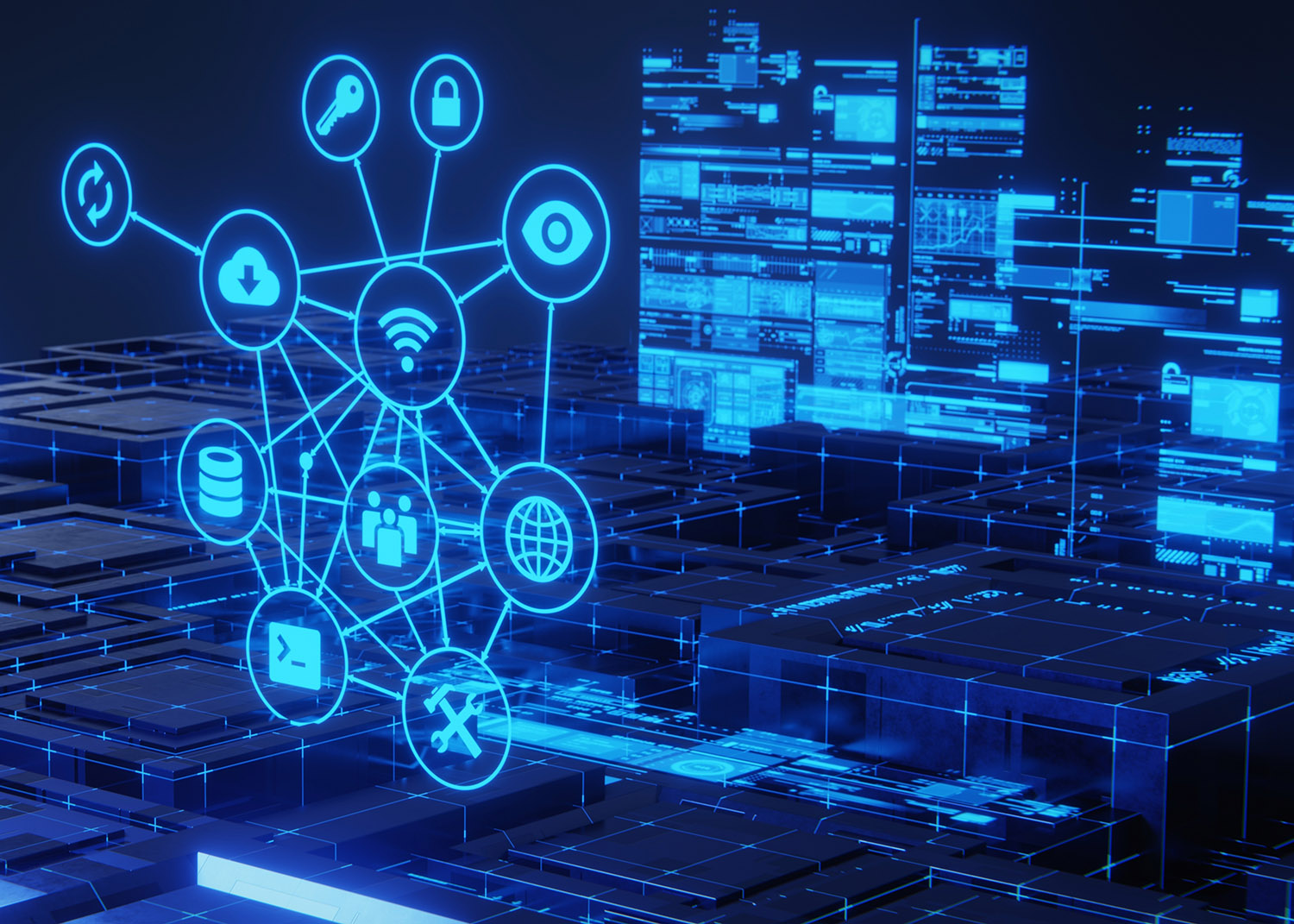 stylized graphic image of cybersecurity icons