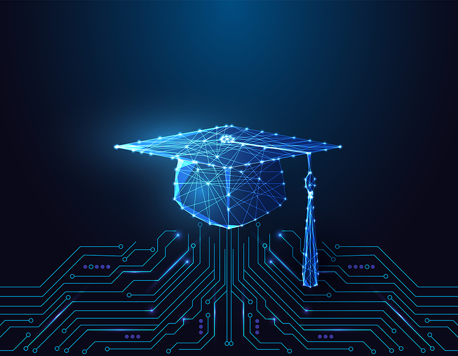 Glowing circuit lines form the shape of a mortarboard