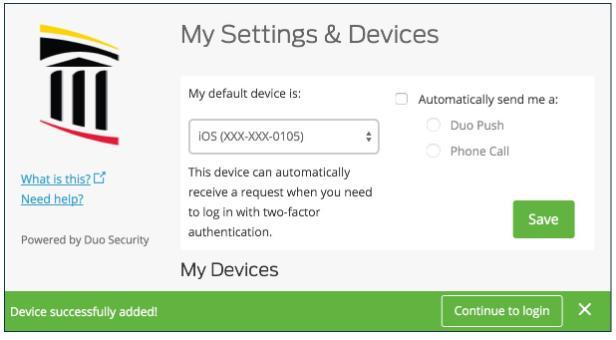Duo settings and devices options.