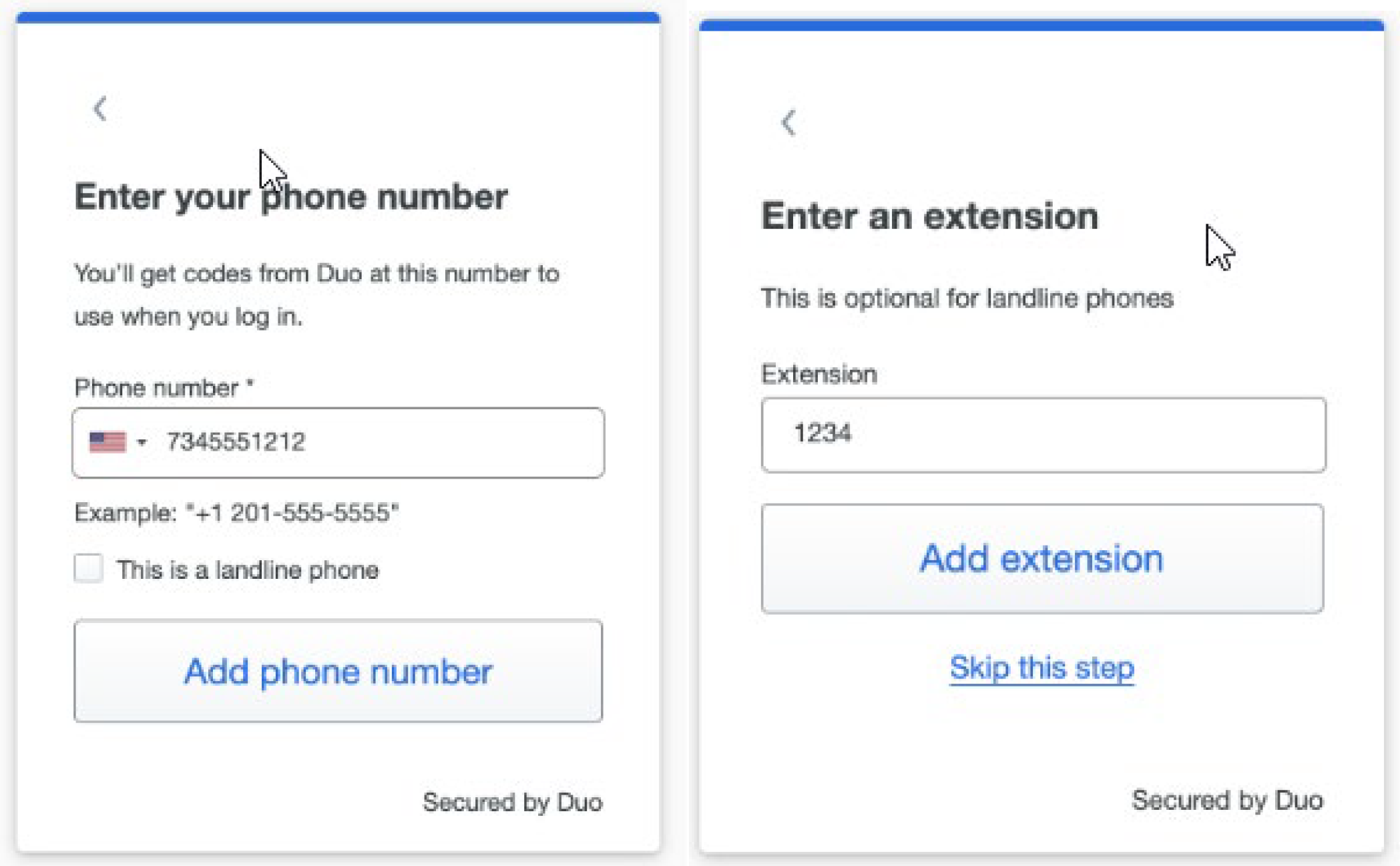 DUO enter your phone number and extension