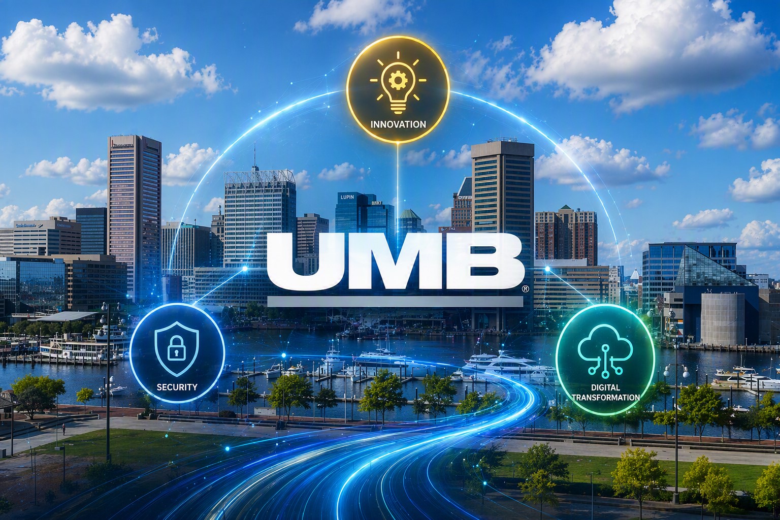 Displays graphics about innovation at UMB over the Baltimore skyline