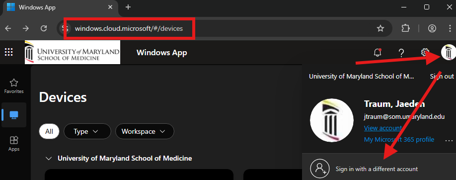 Screen shot of the SRE sign-in page which shows how SOM researchers need to sign-in using a different account