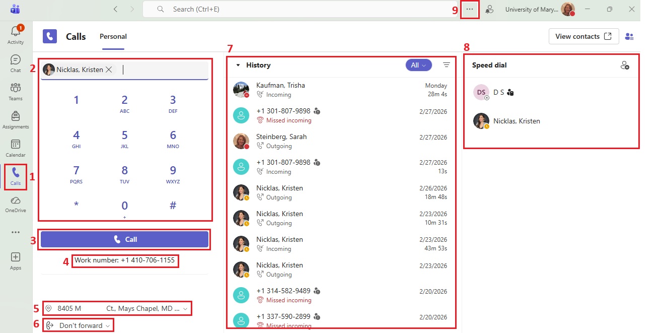 Overview of the various features on the Call tab within Teams