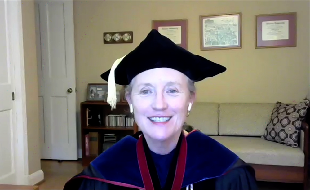 Dean Kirschling addresses students during a virtual commencement celebration