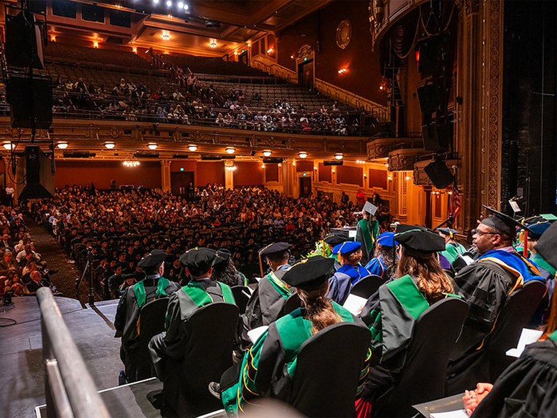 UMB School of Medicine faculty onlooking the graduation from the stage.