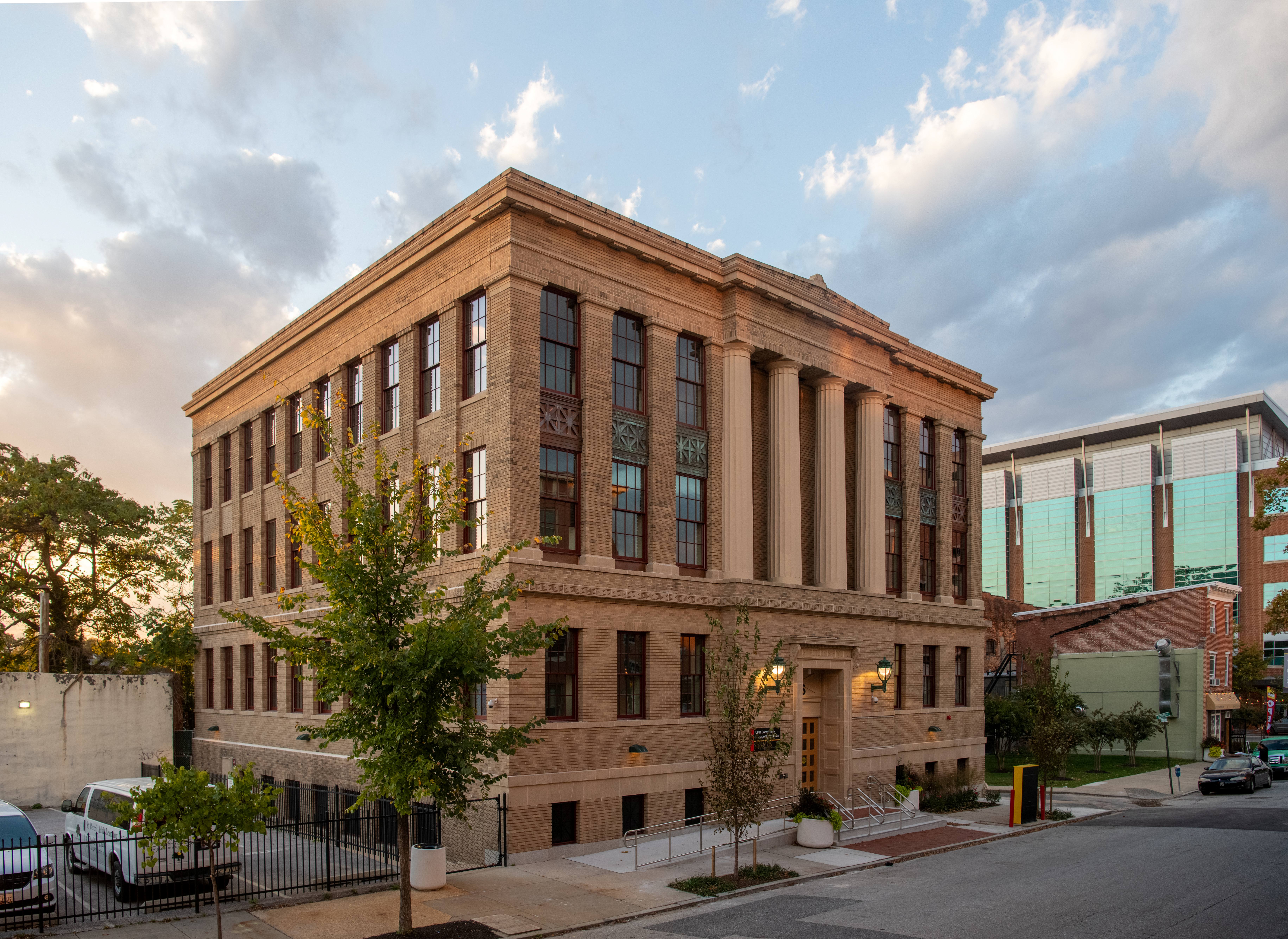 large brightly light building exterior