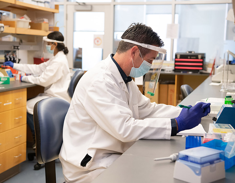 Scientists in protective face gear work in a lab
