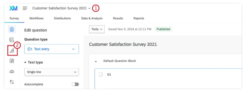 screen shot of Qualtrics screen described in New Survey Experience step 1