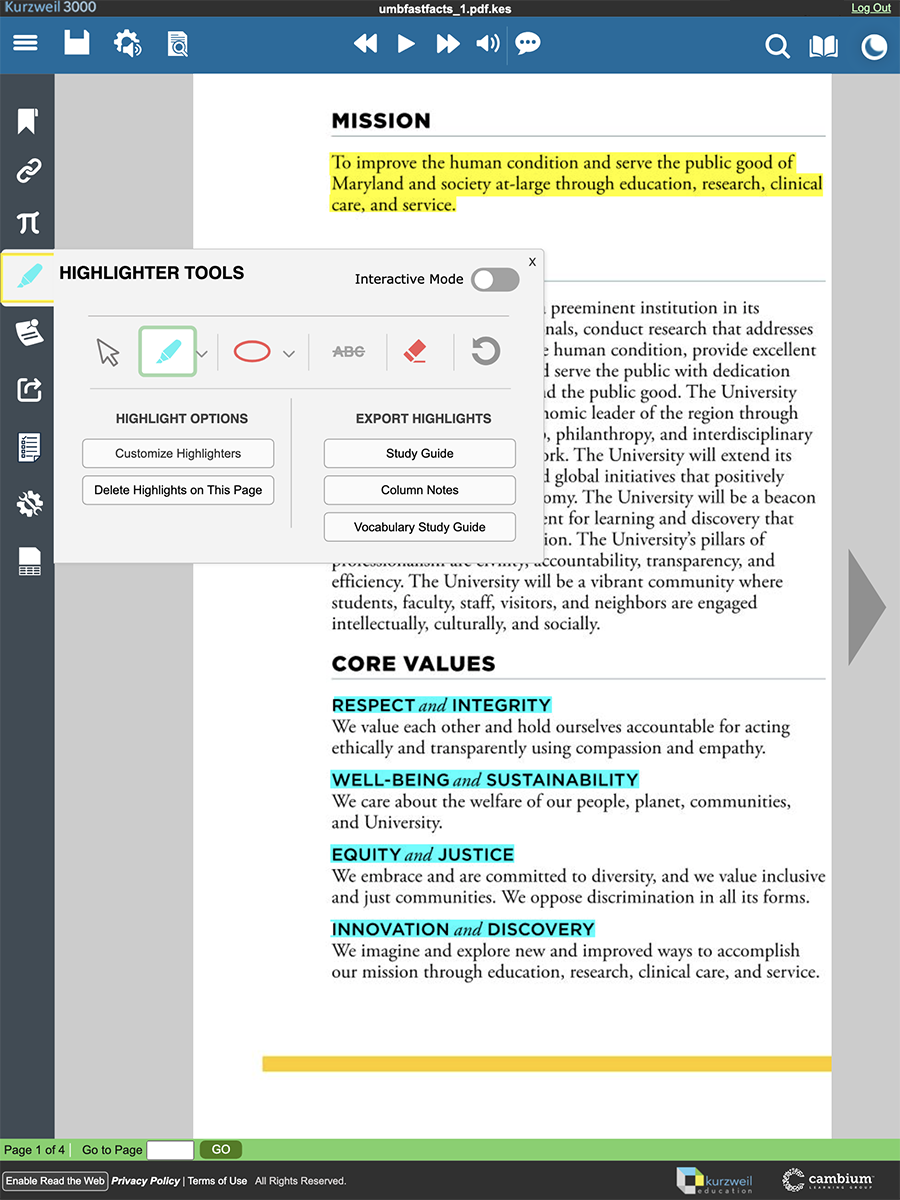A screenshot of the Kurzweil 3000 interface, using highlighter tools to highlight text in a PDF