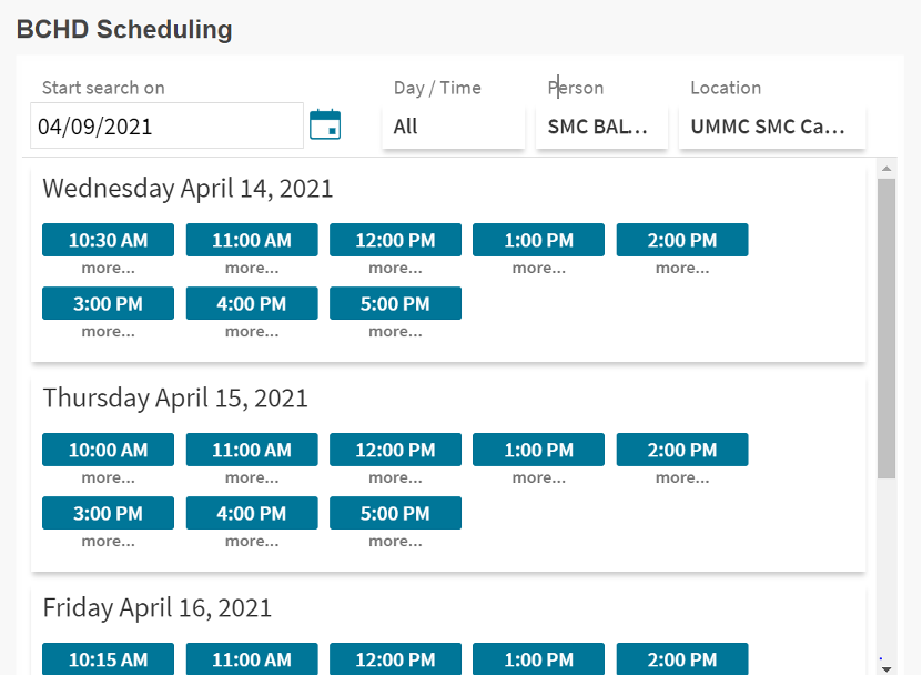 Screenshot of scheduling calendar