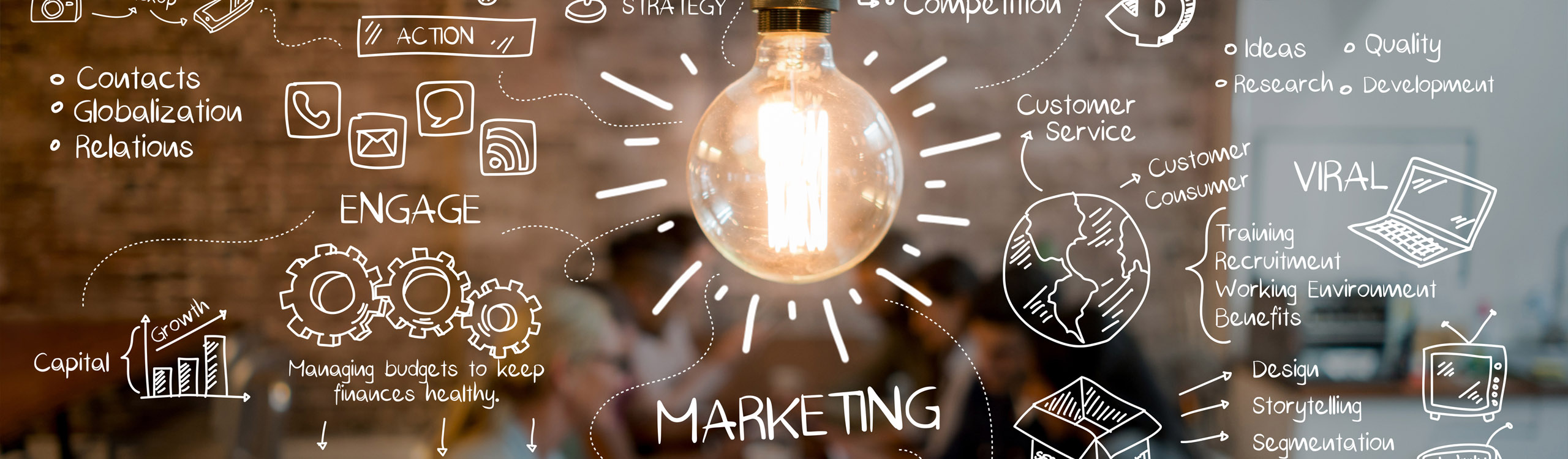 stylized graphic of lightbulb with marketing concepts artfully drawn around it