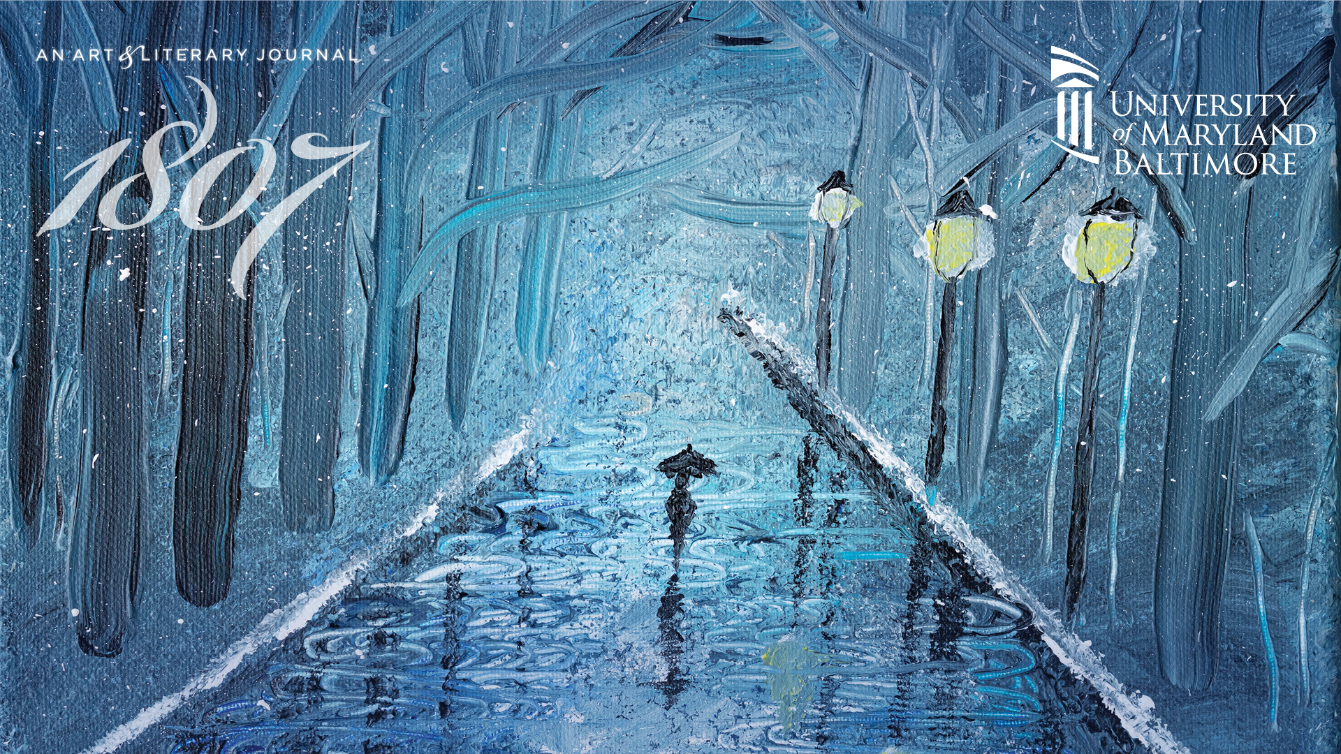 A painting of a lone figure strolling beneath streetlights on a rainy path