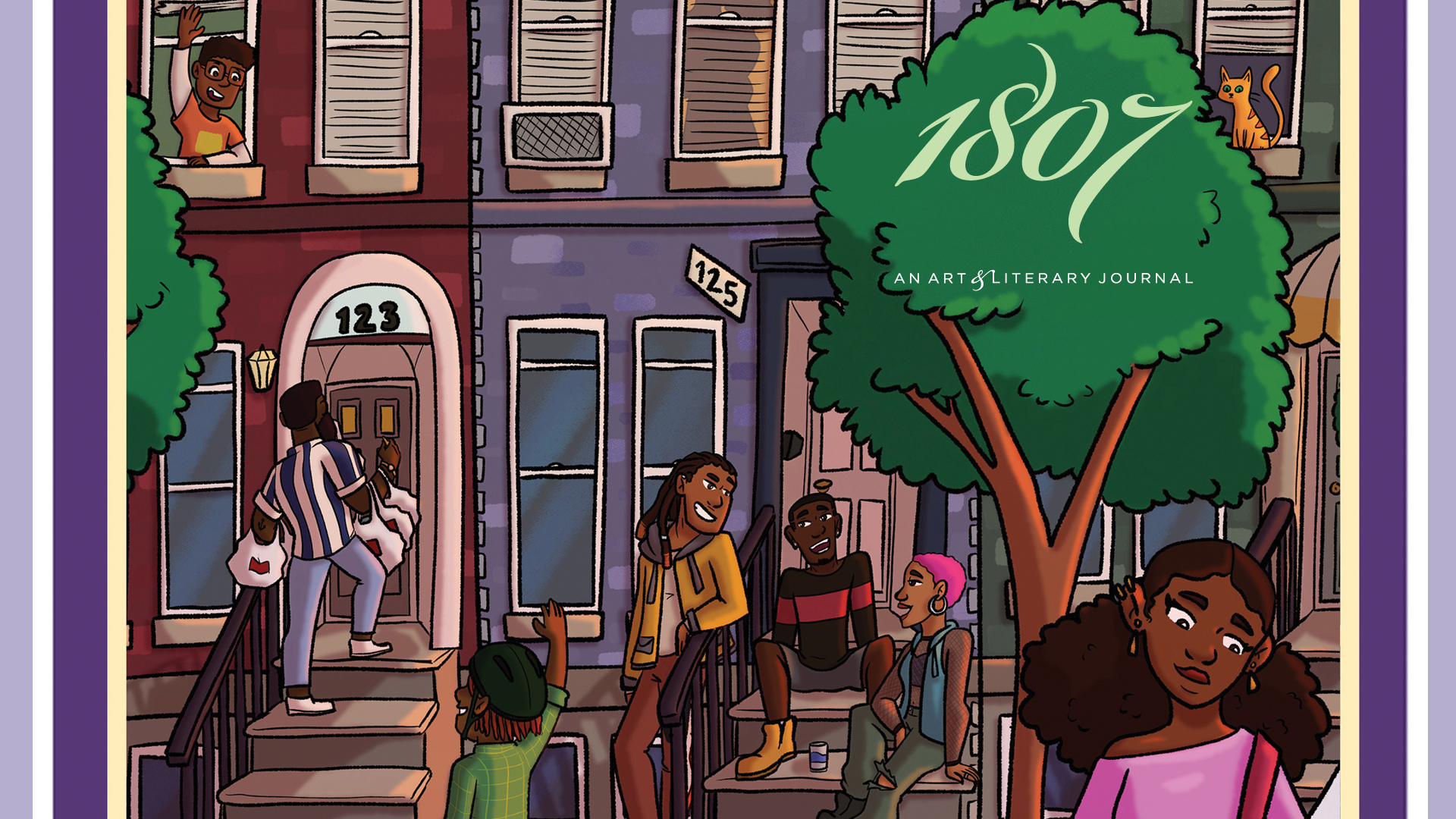 A drawing of a street in baltimore with people passing