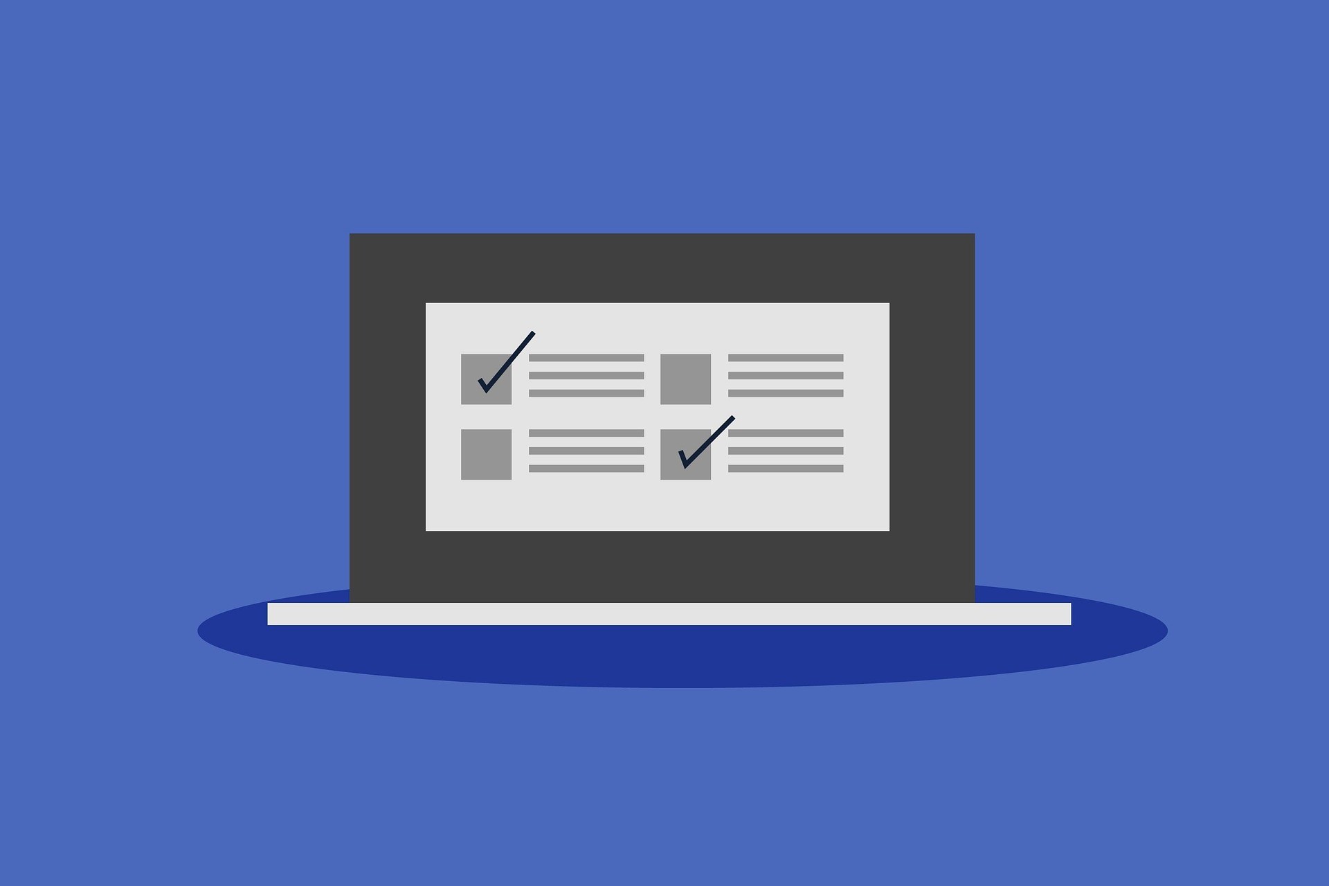 Illustration of a laptop displaying a checklist with multiple items, two marked with checkmarks, representing an online survey, assessment, or task tracking system