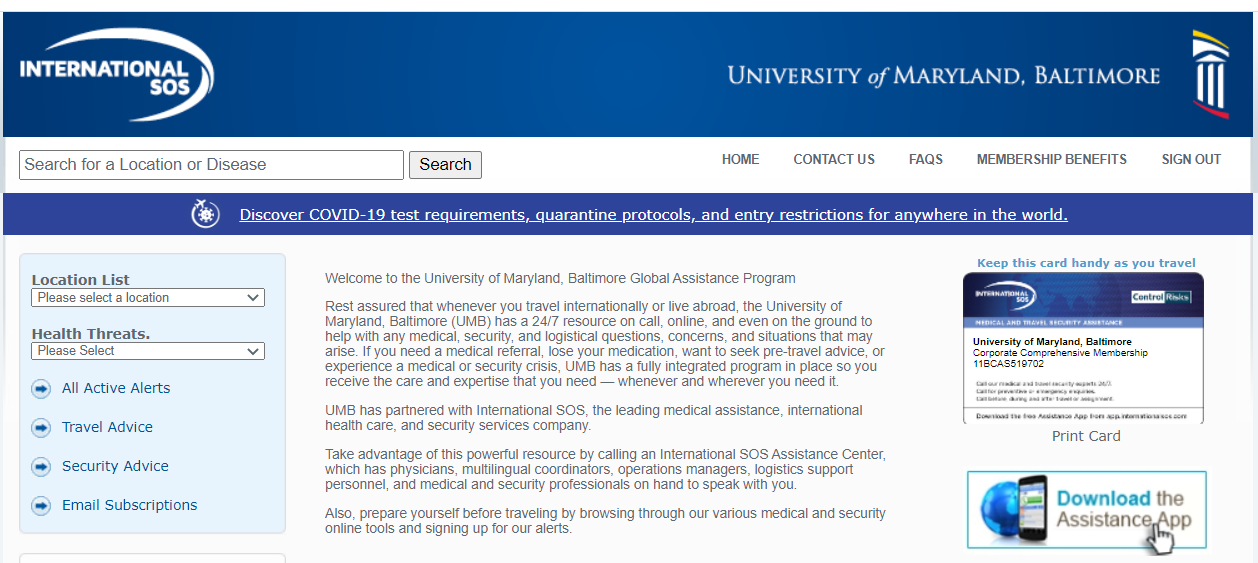 A screenshot of the International SOS UMB portal