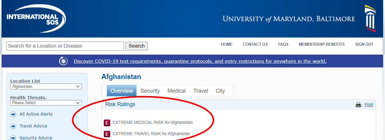 A screenshot of the risk ratings for Afghanistan circled in red