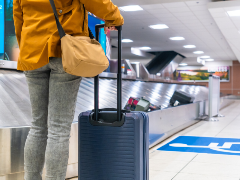 A traveler with a suitcase waits at luggage carousel