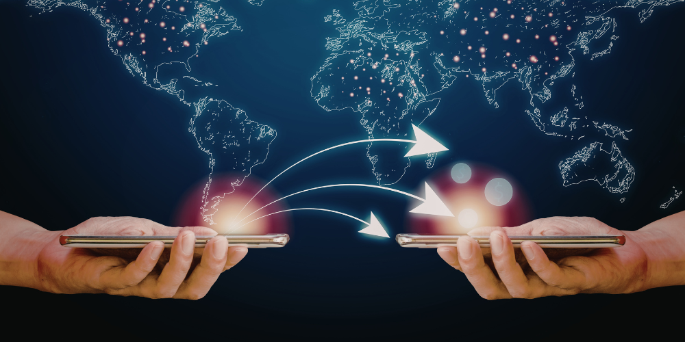 People holding phones with a digital connection background