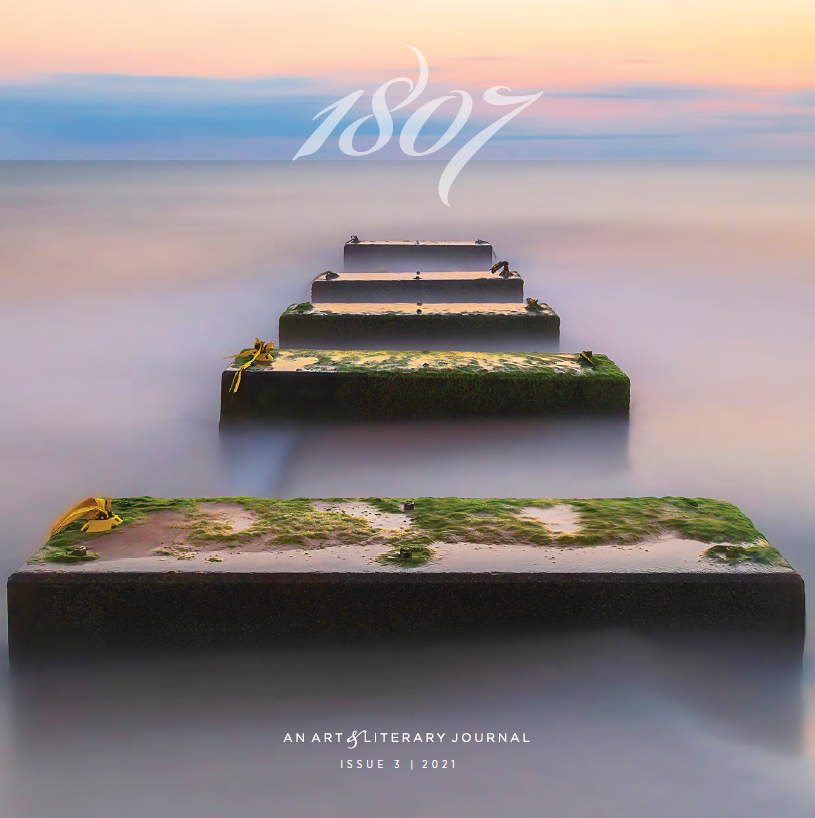 Front cover of 1807 magazine, with a decayed pier rising from foggy water