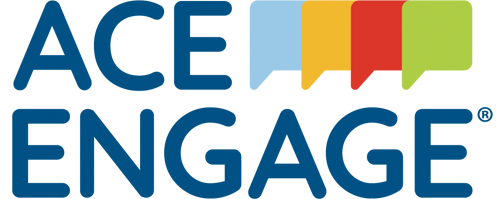 Logo with words ACE Engage and four small word bubbles in blue, yellow, red, and green