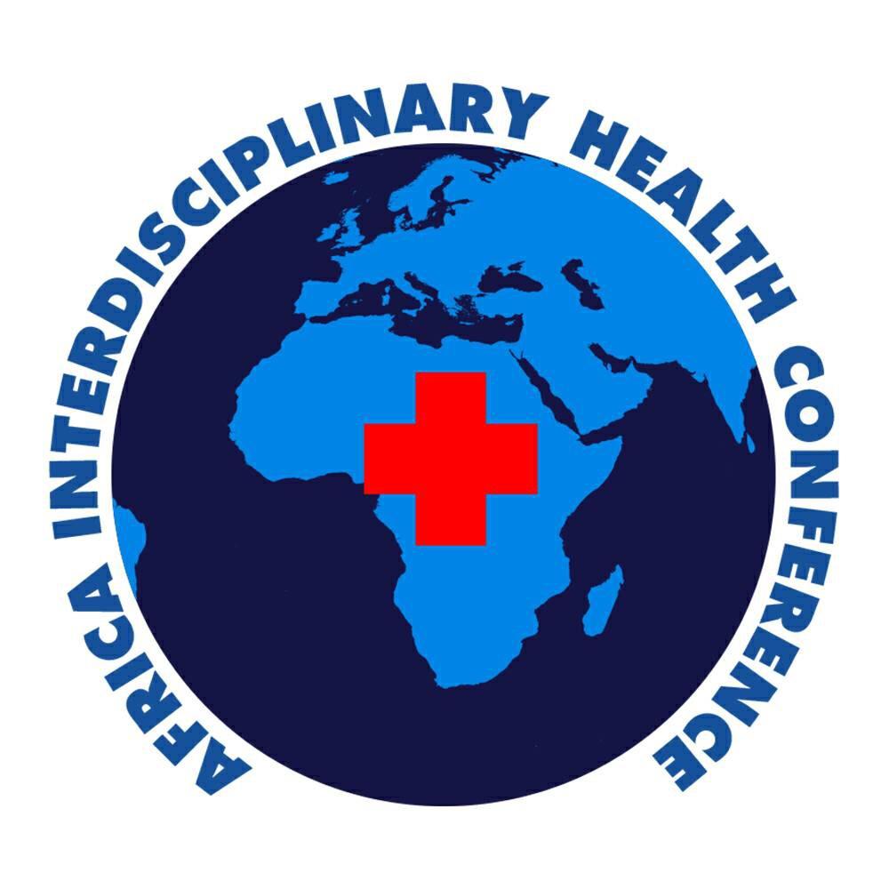 Logo for Africa Interdisciplinary Health Conference with a globe focused on Africa with a red cross on it