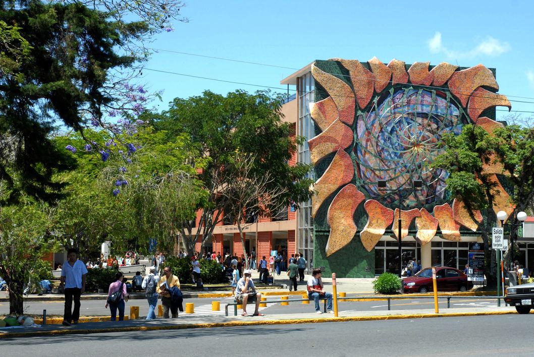 Building with a large sunflower painted on it and people milling about outside.