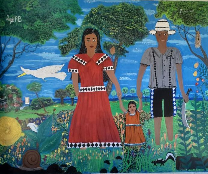 A wall mural of a man and woman in traditional Costa Rican indigenous dress holding the hands of a child.