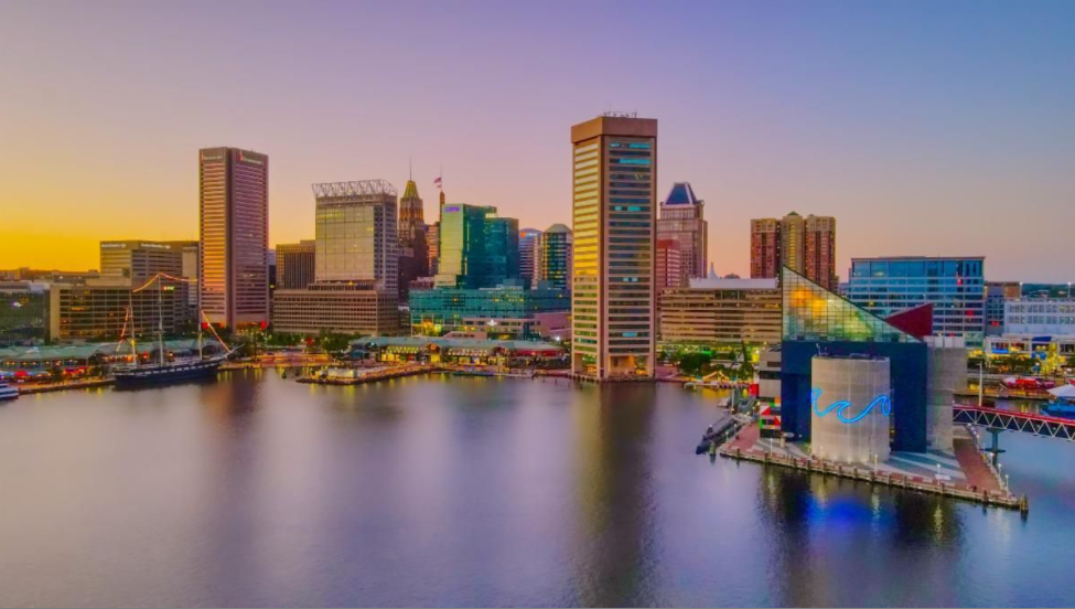 Skyline of Baltimore viewed across the water at dusk