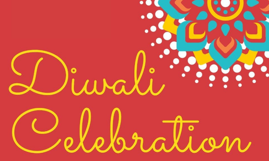 Red graphic with a colorful mandala in upper right and the words Diwali Celebration