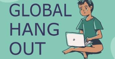 Graphic of boy sitting cross-legged with laptop on his lap and the words Global Hang Out