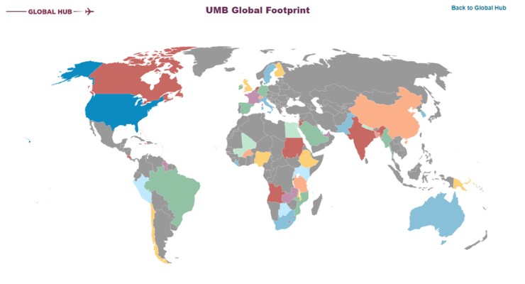 Map of the world with highlighted countries where UMB has global programs, etc.