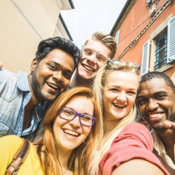Five people take a selfie