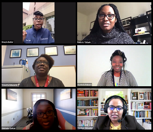 Zoom screenshots of six black women speaking from their homes