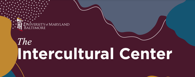 Dark purple background with amorphous shapes in yellow and blue with the words The Intercultural Center 