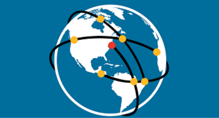 Globe logo on blue background