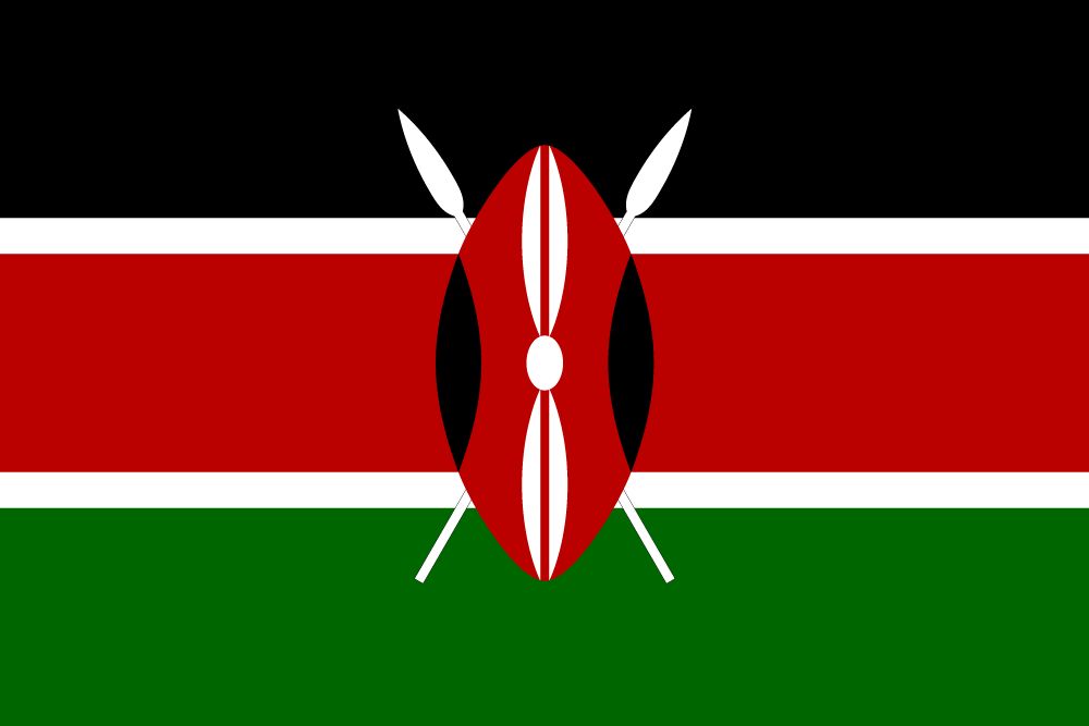 Flag of Kenya with black, red, and green stripes divided by smaller white stripes and a shield with crossed spears in the middle