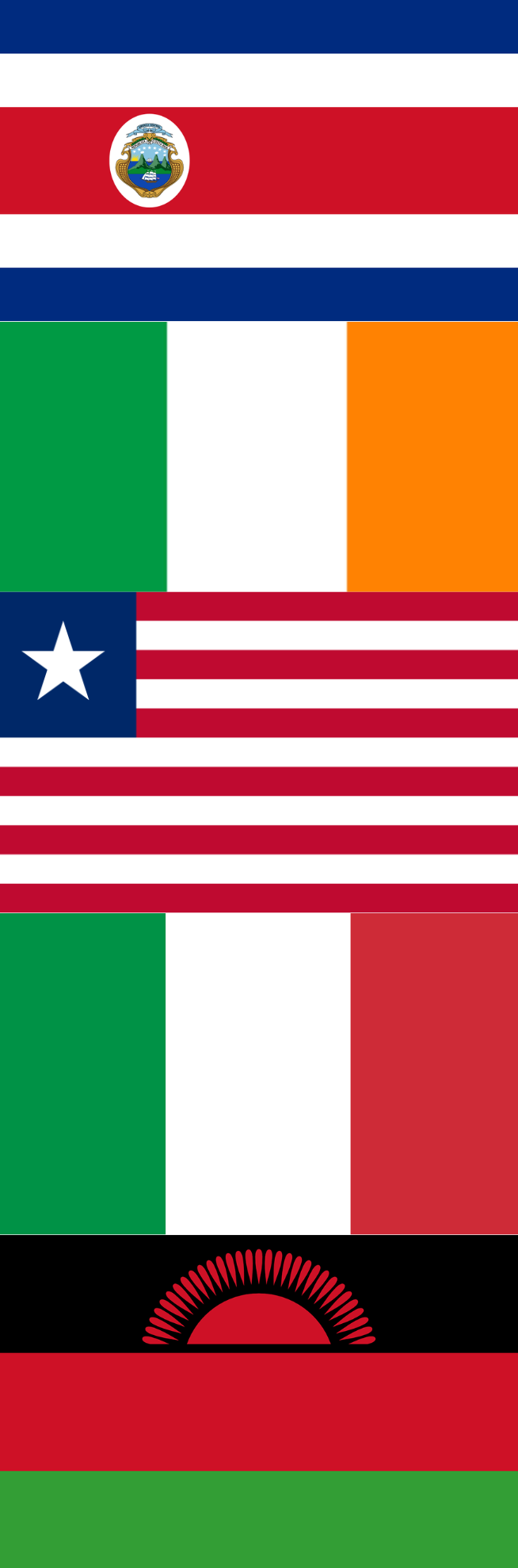 Flags of Costa Rica, Ireland, Liberia, Italy, Malawi