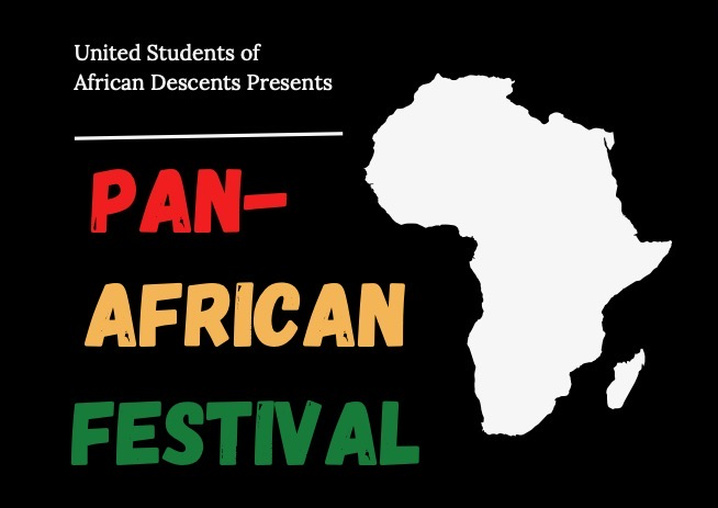 Pan-African Festival in red, yellow, green on a black background with Africa outline