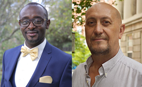 Headshots of black man wearing a blue suit and yellow bowtie next to photo of white man in a white shirt