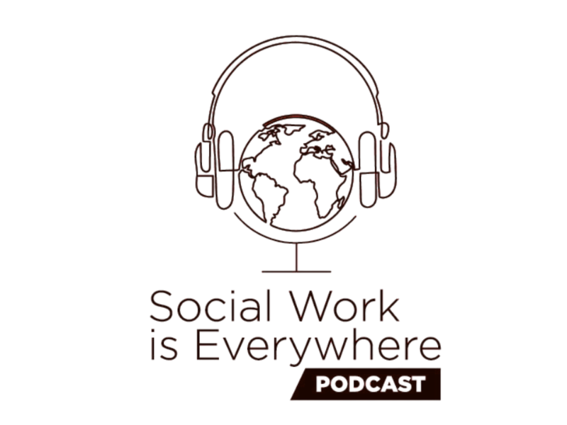 Social Work Is Everywhere below a globe wearing headphones