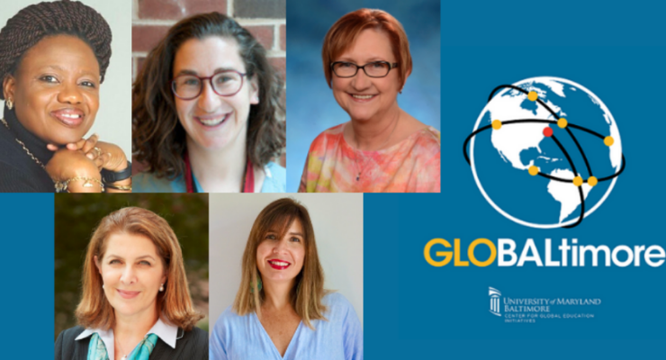 Collage of headshots of five women with the GLOBALtimore logo on a blue background