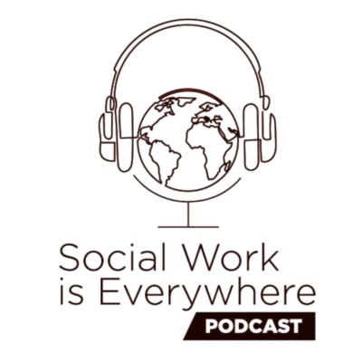 Logo for the Social Work Podcast with a globe wearing headphones