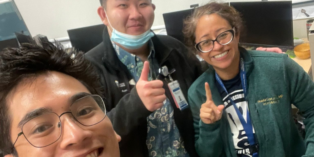 Austin Kim (center) with Kai Akimoto, co-founder of Chålan Åmte, and Dr. Shadia Constantine, director of medical education at Guam Regional Medical Center