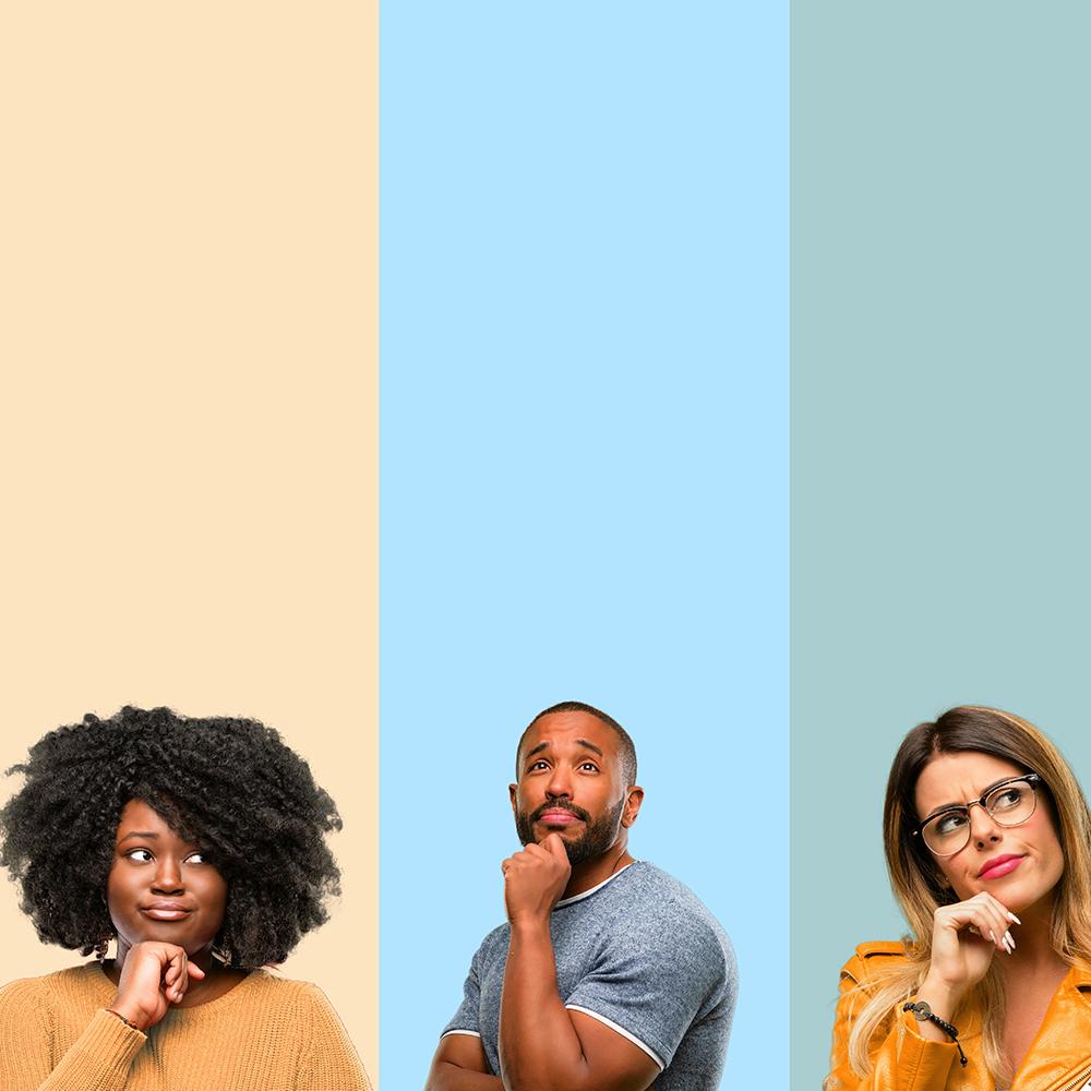 Three people with thinking faces and a striped background