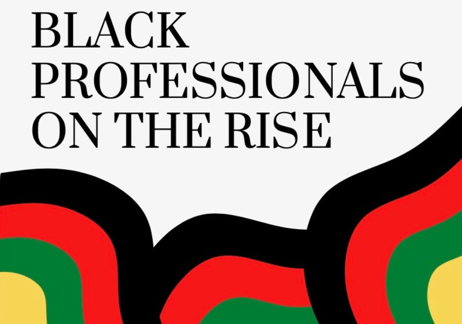 Black Professionals on the Rise with amorphous black, red, green, yellow shapes