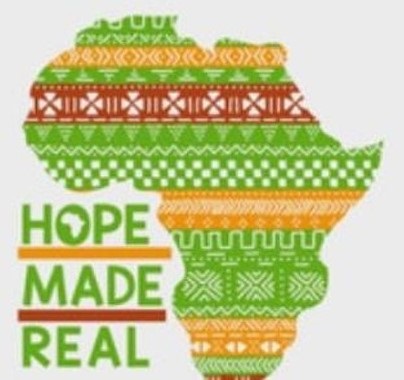 Graphic of Africa with printed design in bright green, orange, and red and the words 