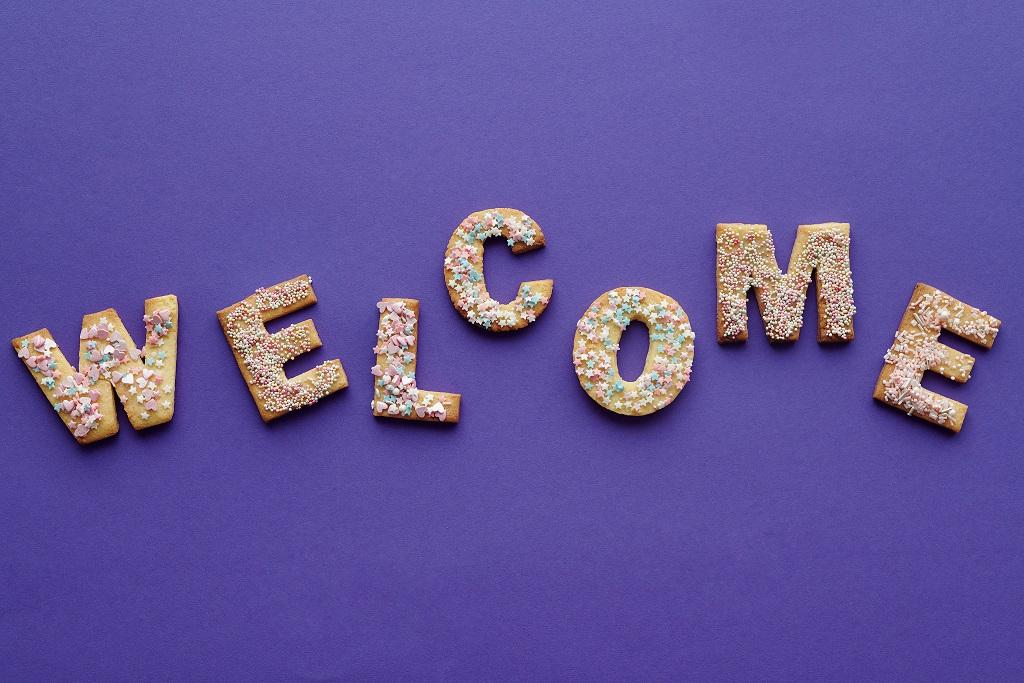 WELCOME spelled out in rice krispie treats