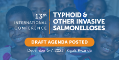 Image of people's faces faint behind a blue box for the International Conference on Typhoid and Other Invasive Salmonelloses
