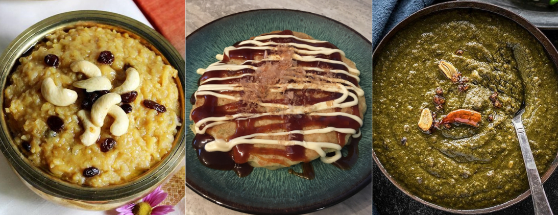 Collage of three international dishes: a rice and cashew dish, pancake and green lentil-based dish